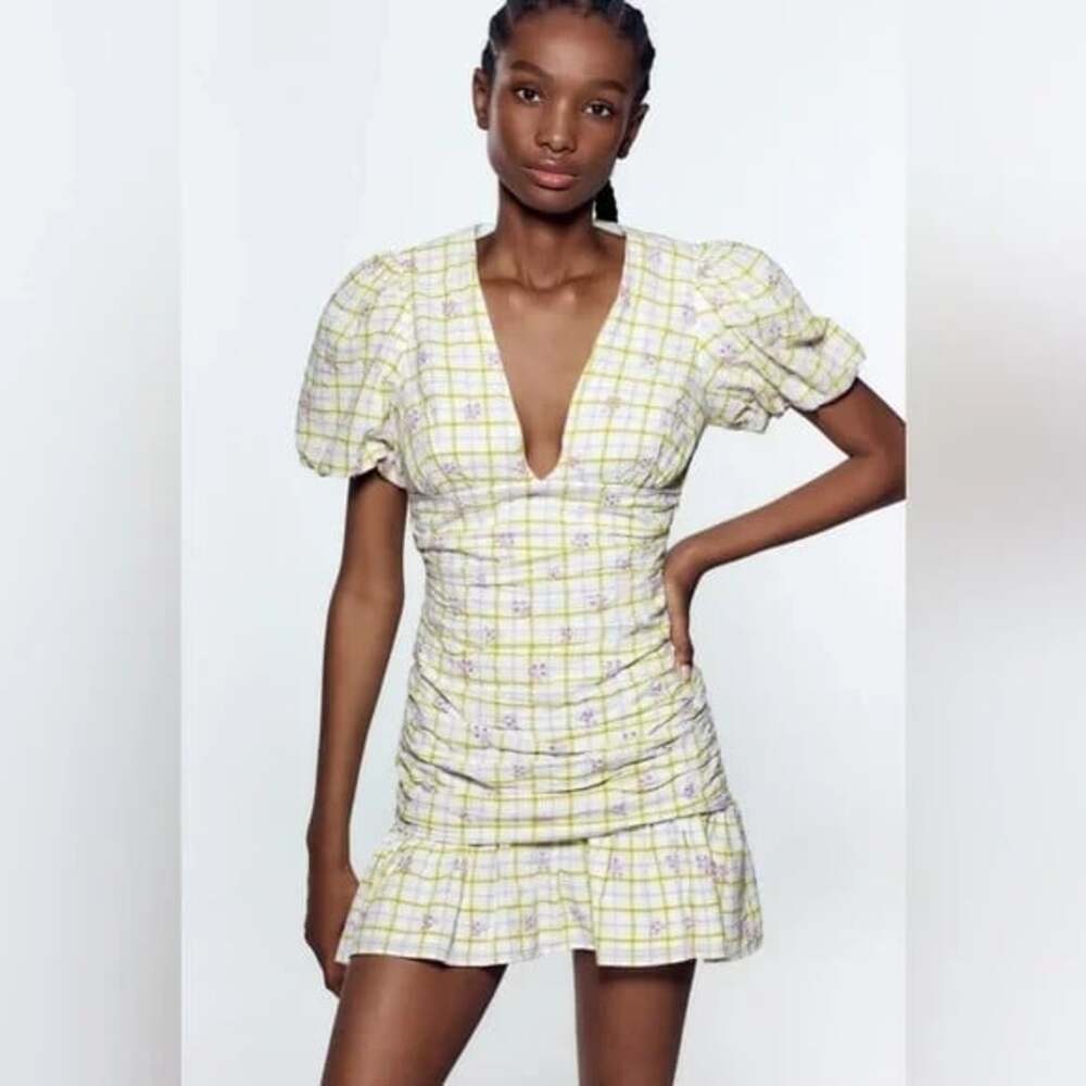Zara Women's Size Large Checkered Floral Print Draped Balloon Sleeve Mini Dress